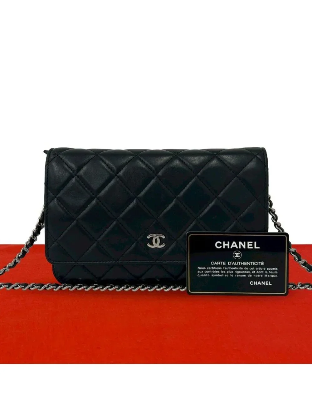 Chanel With Card Quilted CC Logo Lambskin Shoulder Bag Pochette Black